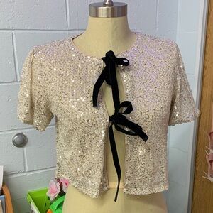 Le Lis Sparkling Cream Sequin Blouse with Black Velvet Bow